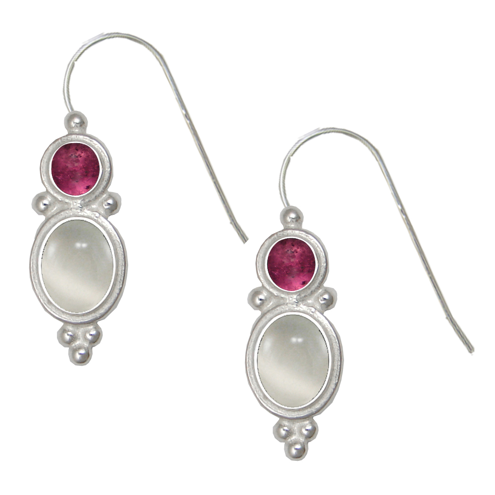 Sterling Silver Drop Dangle Earrings White Moonstone And Pink Tourmaline